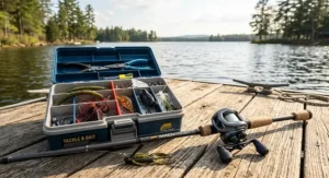 Tackle box and baitcasting rod rigged with clear low memory mono fishing line for largemouth bass fishing.