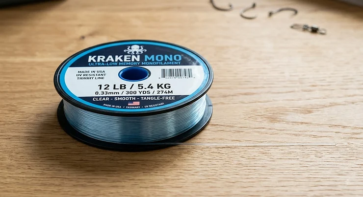 Close-up diagram showing a spool of low memory mono fishing line laying flat without coiling or tangling. low memory mono line