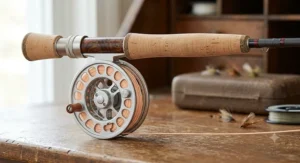 Detailed graphic showing a balanced ultra-light click-and-pawl reel mounted on a 3 weight fly rod cork grip
