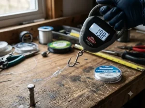 Digital scale testing the knot strength and breaking point of a 20lb fluorocarbon leader