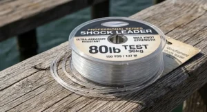 Detailed graphic of a heavy-duty monofilament shock leader spool showing pound-test strength rating.