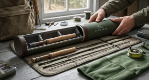 Illustration of a compact 3 weight fly rod broken down into a travel rod tube