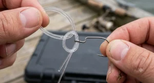 Step-by-step demonstration of tying a Palomar knot with 100% fluorocarbon line to a fishing hook