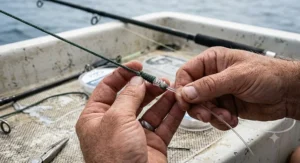 Angler joining a 100% fluorocarbon line leader to braided main line using an FG knot