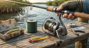 Inshore saltwater fishing rig setup featuring 30lb braided main line for redfish and snook