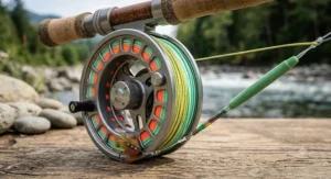 Close-up illustration of a large arbor spey reel loaded with line for salmon fishing