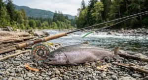 Two-handed spey rod and reel placed beside a landed salmon on river gravel