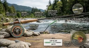 Diagram illustrating line and leader setup for a spey rod targeting salmon