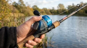 Close-up of a push-button spincast reel attached to a medium-action rod ideal as a first fishing combo.