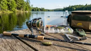 An open-face spinning reel and graphite rod setup designed for an adult's first fishing combo.
