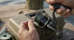 Illustration of spooling high strength 4 strand braid fishing line onto a spinning fishing reel