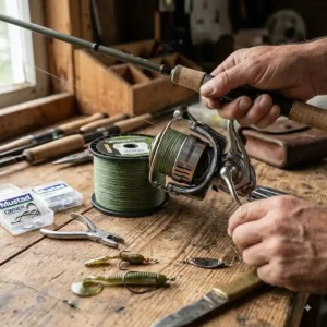 Angler spooling high-performance moss green braid fishing line onto a spinning reel