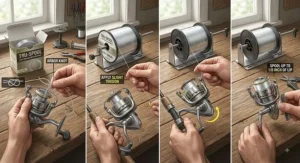 Step-by-step guide on how to properly spool low memory mono line onto a spinning reel to prevent line twist.