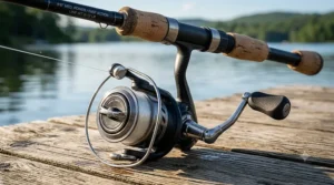 Close-up of a spinning reel and rod setup for a beginner selecting their first fishing combo.