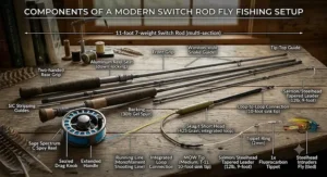 Labeled diagram of a switch rod showing two-handed grip, reel, and line setup for fly fishing.