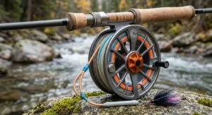 Close-up view of a fly reel loaded with Skagit line designed for switch rod fly fishing.