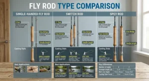 Comparison graphic showing differences between switch rods, Spey rods, and single-handed fly rods.
