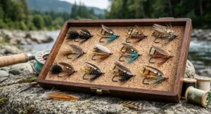 Illustration of classic spey fly patterns used when targeting salmon with a spey rod