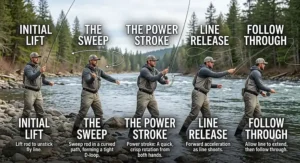 Step-by-step illustration of two-handed casting mechanics used in switch rod fly fishing.