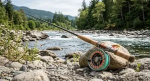 Two-handed spey rod and reel resting on a riverbank for salmon fishing