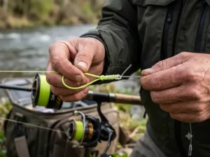 Close-up of angler tying an Alberto knot to connect a 20lb fluorocarbon leader to braided mainline