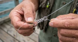 Hands tying an improved clinch knot using flexible low memory mono fishing line and a terminal tackle swivel.