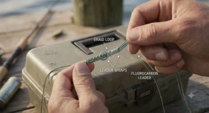 Diagram showing how to tie a fluorocarbon leader knot to 4 strand braid fishing line