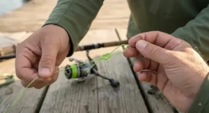 Step-by-step demonstration of tying a Palomar knot using high-visibility 8 strand braided line