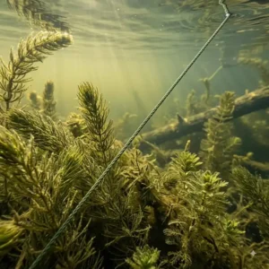 Underwater view showing moss green braid fishing line blending seamlessly into heavy aquatic weeds