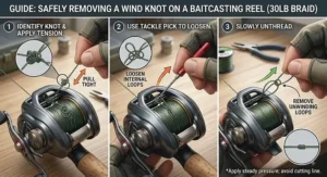 Guide diagram illustrating how to safely remove a wind knot from 30lb braided line on a baitcasting reel
