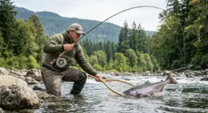 Wading fly fisherman landing a coho salmon using a two-handed spey rod