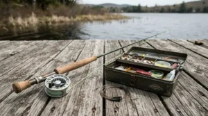 An affordable inshore fishing combo laid out neatly on a wooden dock beside a tackle tray.