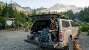Angler packing gear into a truck tailgate wearing durable and fresh performance fishing shirts