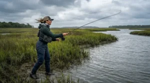 An angler casting an inshore fishing combo into a marsh creek targeting tailing redfish.