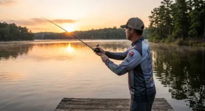 Angler casting a topwater combo setup on a calm freshwater lake at sunrise