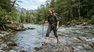 Man wading in a clear trout stream wearing moisture-wicking fishing shirts for men big and tall sizes