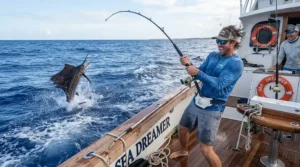 A smiling angler reeling in a catch while wearing moisture wicking performance fishing shirts in deep blue ocean water