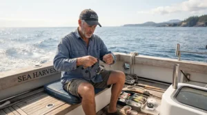 A boater sitting comfortably in cargo fishing shorts with lots of pockets on a bass boat.