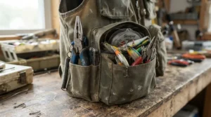 A detailed view showing cargo fishing shorts with lots of pockets packed with various fishing tools.