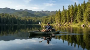 A kayaker paddling on a calm lake wearing flexible cargo fishing shorts with lots of pockets.