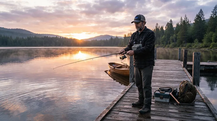 An angler wearing cargo fishing shorts with lots of pockets standing on a wooden lake dock at sunrise.