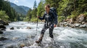 A fisherman wading in a rushing river wearing quick-drying cargo fishing shorts with lots of pockets.