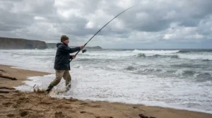 Surfcasting at the ocean shore while wearing durable cargo fishing shorts with lots of pockets.