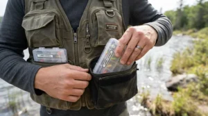 Close-up of cargo fishing shorts with lots of pockets being loaded with tackle boxes by the water.