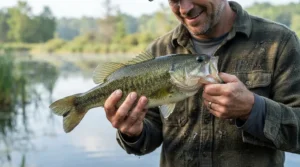 Fisherman holding a large mouth bass while wearing breathable cooling performance fishing shirts