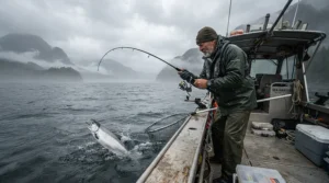 A boat angler staying warm in heavy-duty fishing pants for cold weather fishing during an offshore trip.