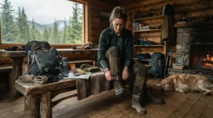 A person preparing thermal layers and fishing pants for cold weather fishing in a rustic lakeside cabin.