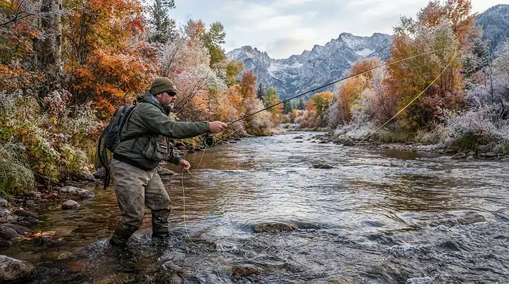 A fisherman utilizing insulated fishing pants for cold weather fishing while wading in a chilly mountain stream.