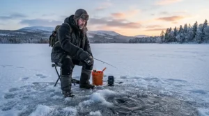 An angler wearing warm fishing pants for cold weather fishing while ice fishing on a frozen lake at sunrise.