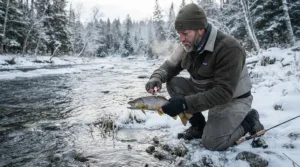 A winter fisherman testing mobility in durable fishing pants for cold weather fishing along a snowy bank.